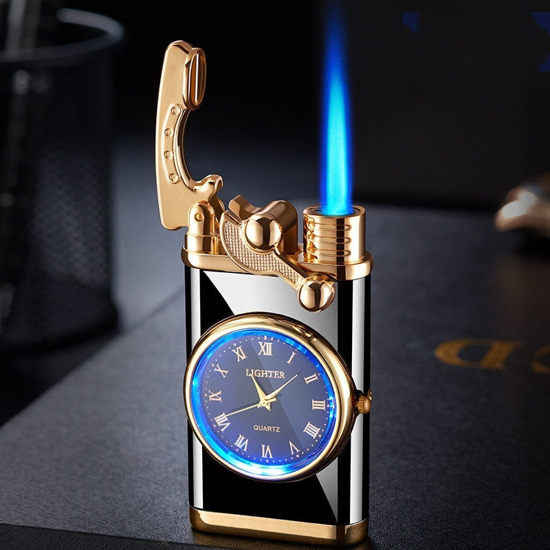 New Lighter With Electric Watch Rocker Arm Automatic Ignition Straight Blue Flame Lighter Creative Real Dial Inflatable Windproof Lighter Men&