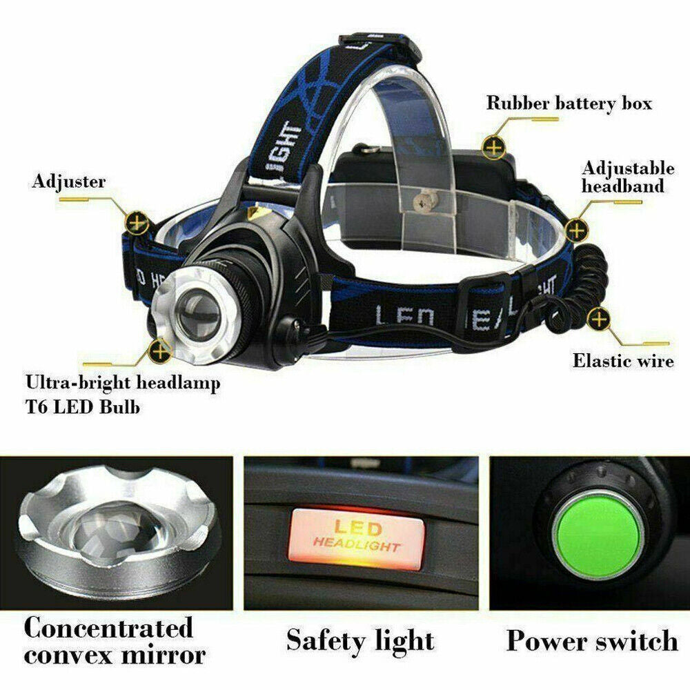 T6 Headlamp Rechargeable 350000LM LED Zoom Headlight Head Torch USB Line New UK