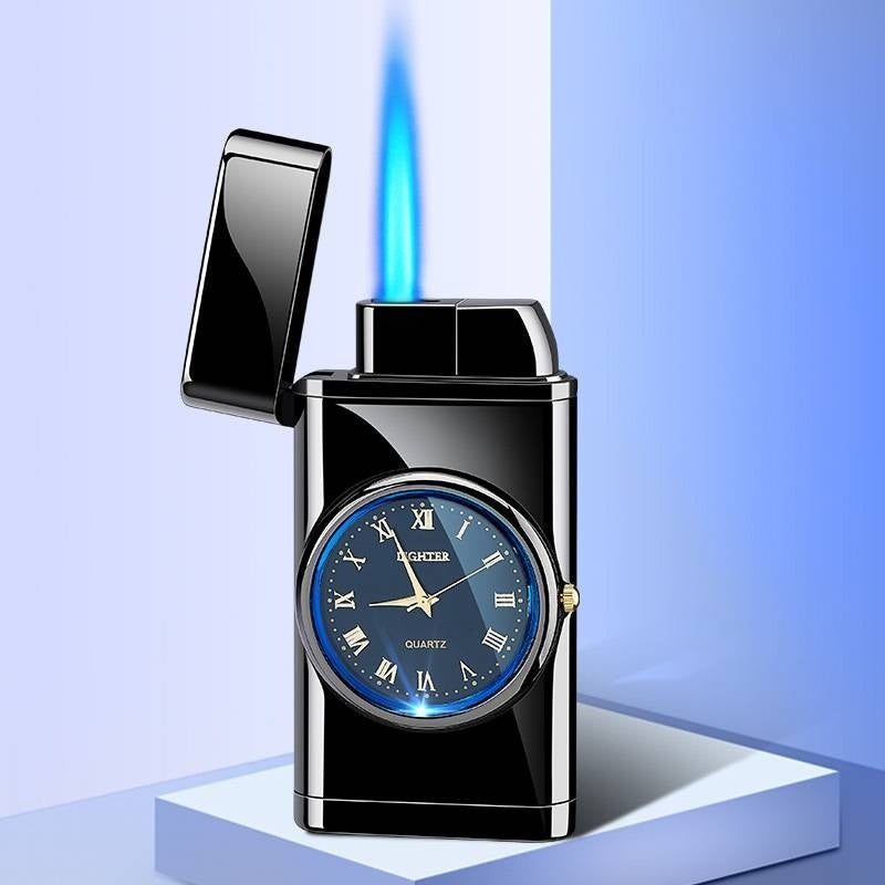 New Lighter With Electric Watch Rocker Arm Automatic Ignition Straight Blue Flame Lighter Creative Real Dial Inflatable Windproof Lighter Men&