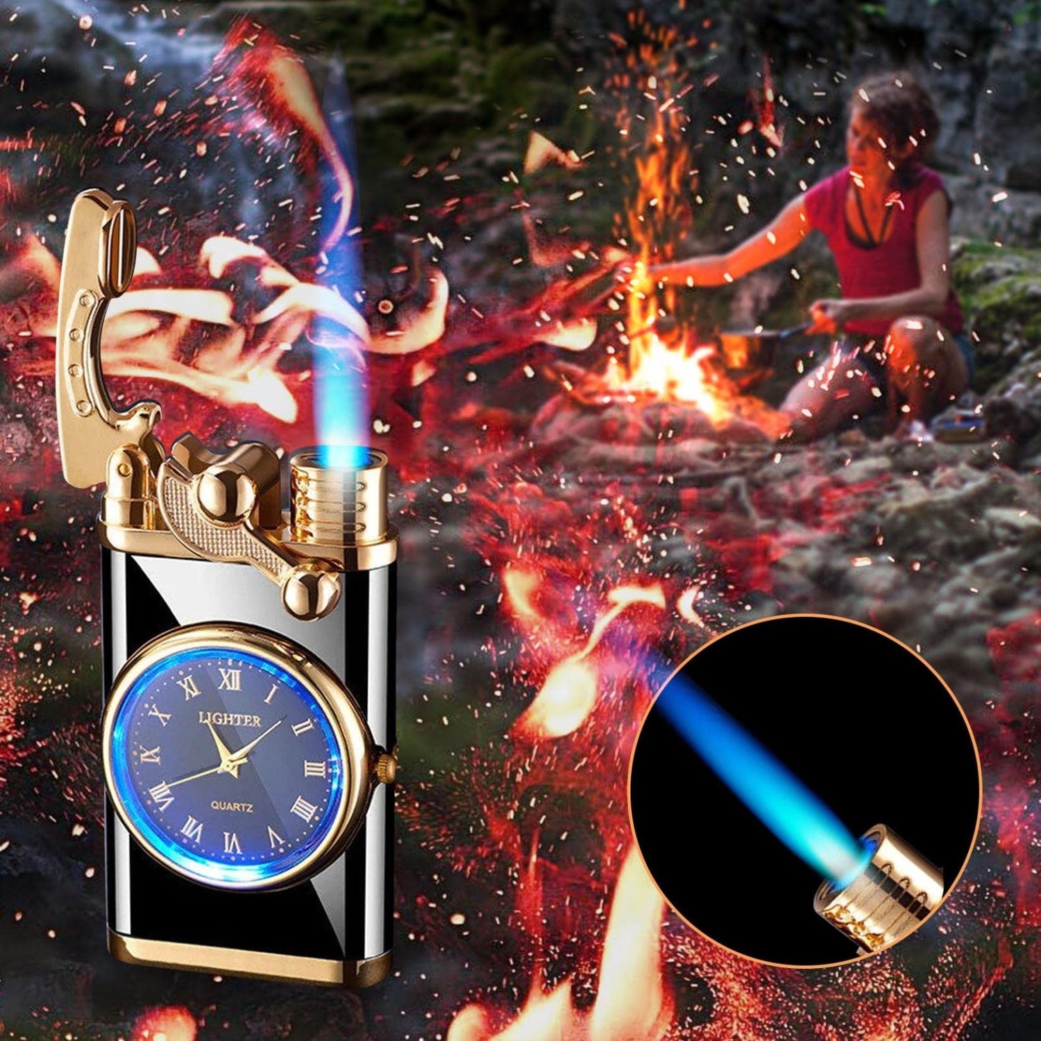 New Lighter With Electric Watch Rocker Arm Automatic Ignition Straight Blue Flame Lighter Creative Real Dial Inflatable Windproof Lighter Men&