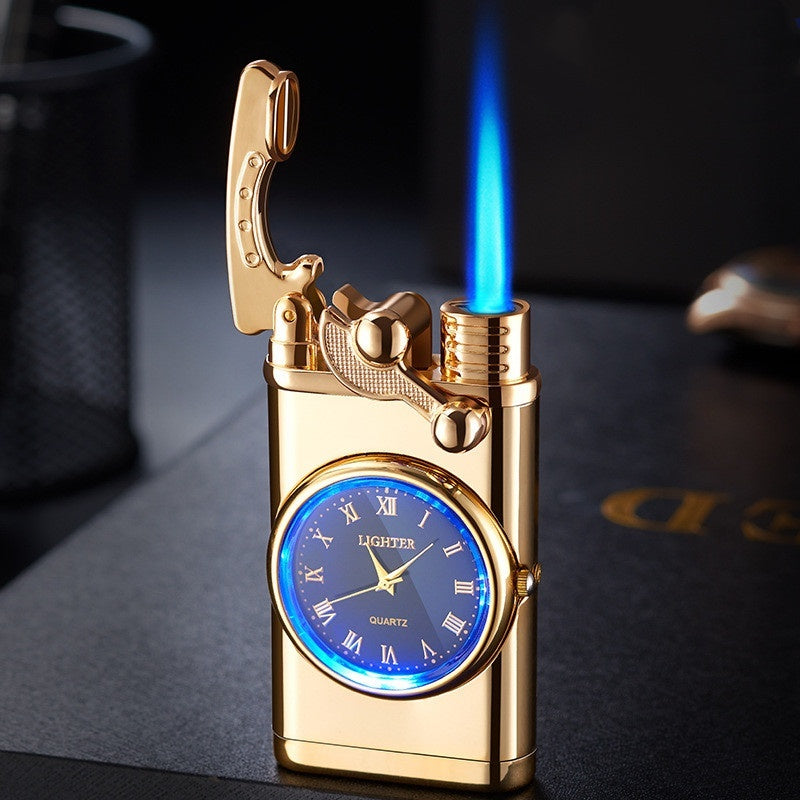 New Lighter With Electric Watch Rocker Arm Automatic Ignition Straight Blue Flame Lighter Creative Real Dial Inflatable Windproof Lighter Men&