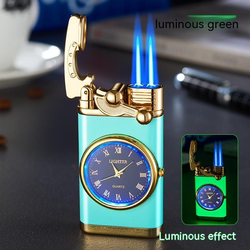 New Lighter With Electric Watch Rocker Arm Automatic Ignition Straight Blue Flame Lighter Creative Real Dial Inflatable Windproof Lighter Men&