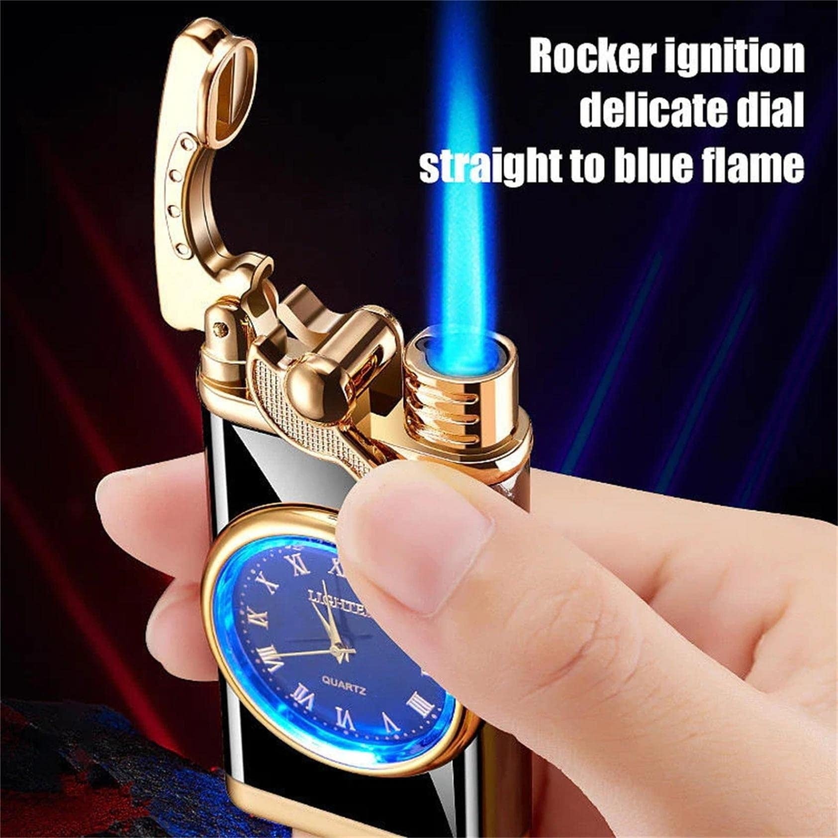 New Lighter With Electric Watch Rocker Arm Automatic Ignition Straight Blue Flame Lighter Creative Real Dial Inflatable Windproof Lighter Men&