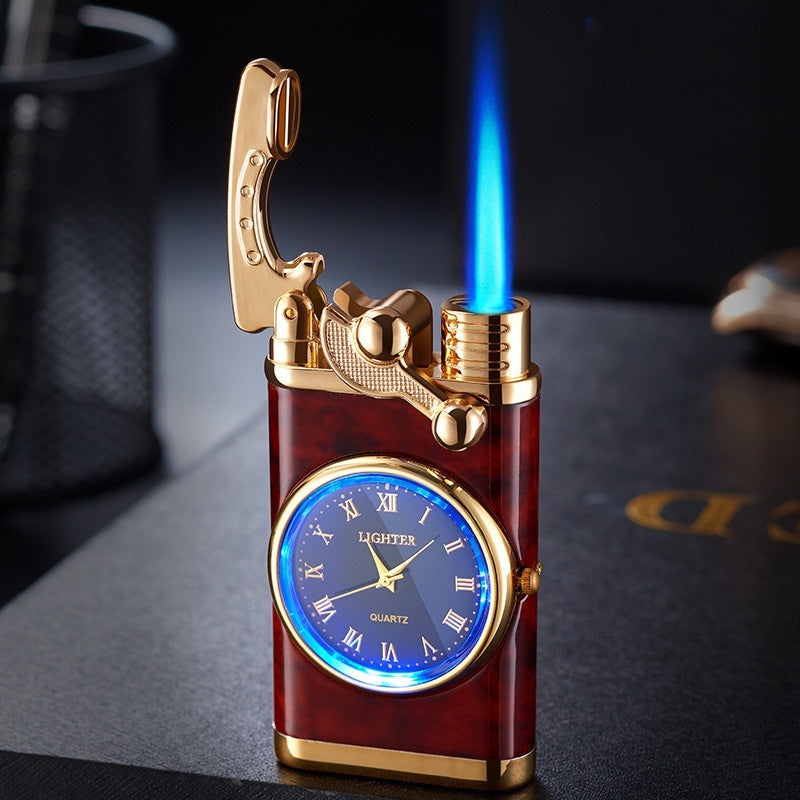 New Lighter With Electric Watch Rocker Arm Automatic Ignition Straight Blue Flame Lighter Creative Real Dial Inflatable Windproof Lighter Men&