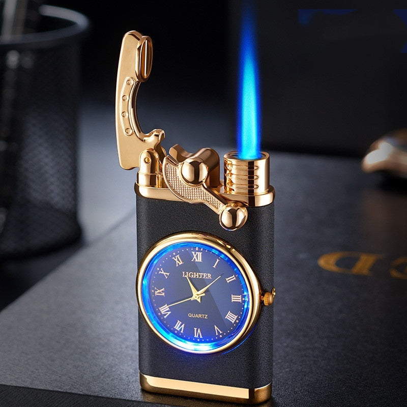 New Lighter With Electric Watch Rocker Arm Automatic Ignition Straight Blue Flame Lighter Creative Real Dial Inflatable Windproof Lighter Men&