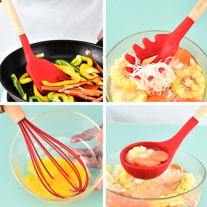 Wooden Handle Silicone 12-piece Cooking Non-stick Cooker Silicone Kitchenware