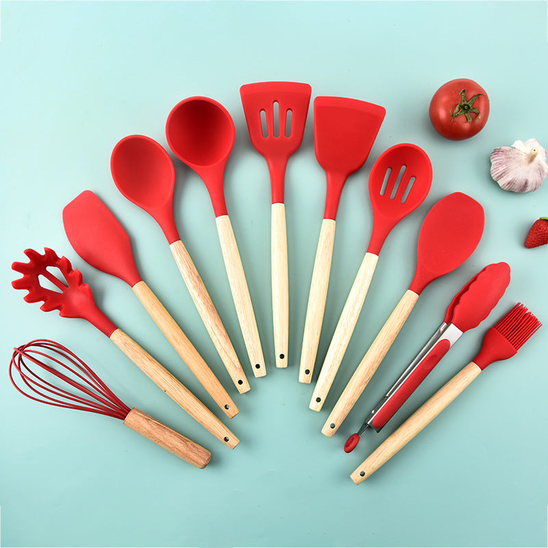 Wooden Handle Silicone 12-piece Cooking Non-stick Cooker Silicone Kitchenware