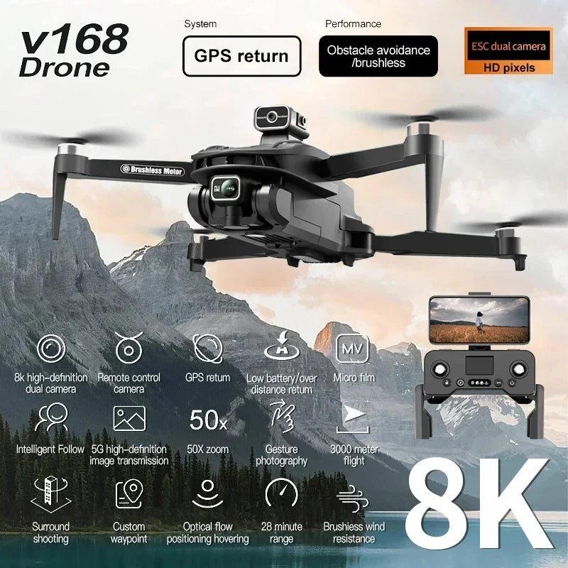 New V168 Drone Professinal Three Camera 8K Wide Angle Optical GPS Localization Four-way Obstacle Avoidance Quadcopter For XIAOMI