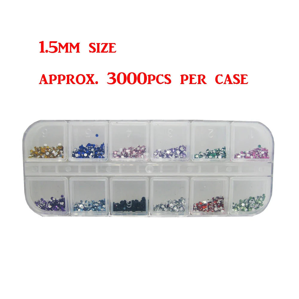 Round Colorful Rhinestones with Hard Case, Nail Art Decorations, DIY Decorations, 1.5mm, 3000PCs