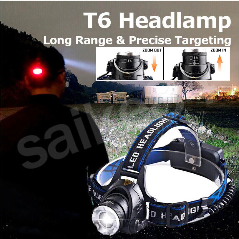 T6 Headlamp Rechargeable 350000LM LED Zoom Headlight Head Torch USB Line New UK