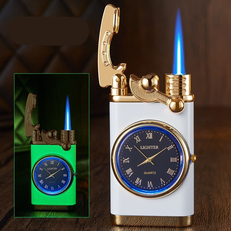 New Lighter With Electric Watch Rocker Arm Automatic Ignition Straight Blue Flame Lighter Creative Real Dial Inflatable Windproof Lighter Men&