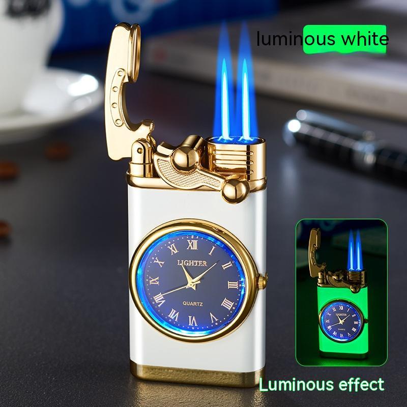 New Lighter With Electric Watch Rocker Arm Automatic Ignition Straight Blue Flame Lighter Creative Real Dial Inflatable Windproof Lighter Men&