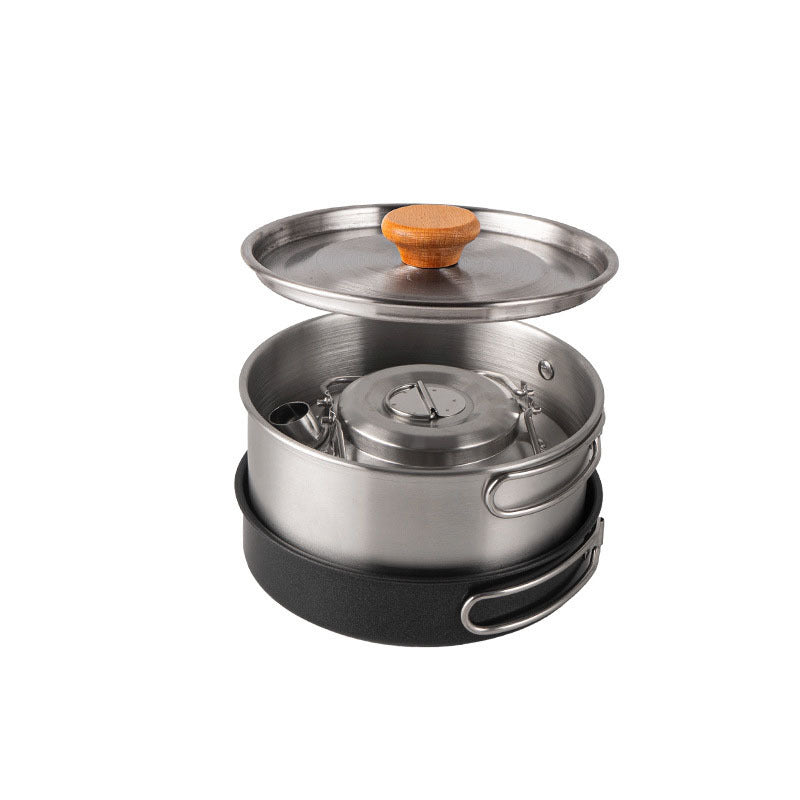 Outdoor Jacketed Kettle Camping Stainless Steel Pot 4-piece Kettle Frying Pan Stew-pan Self-driving Portable Picnic Suit