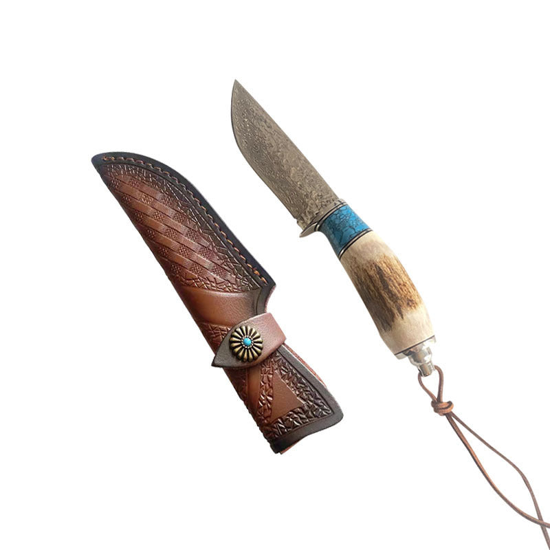 Knife Antlers Turquoise Handle Damascus Steel Straight Knife